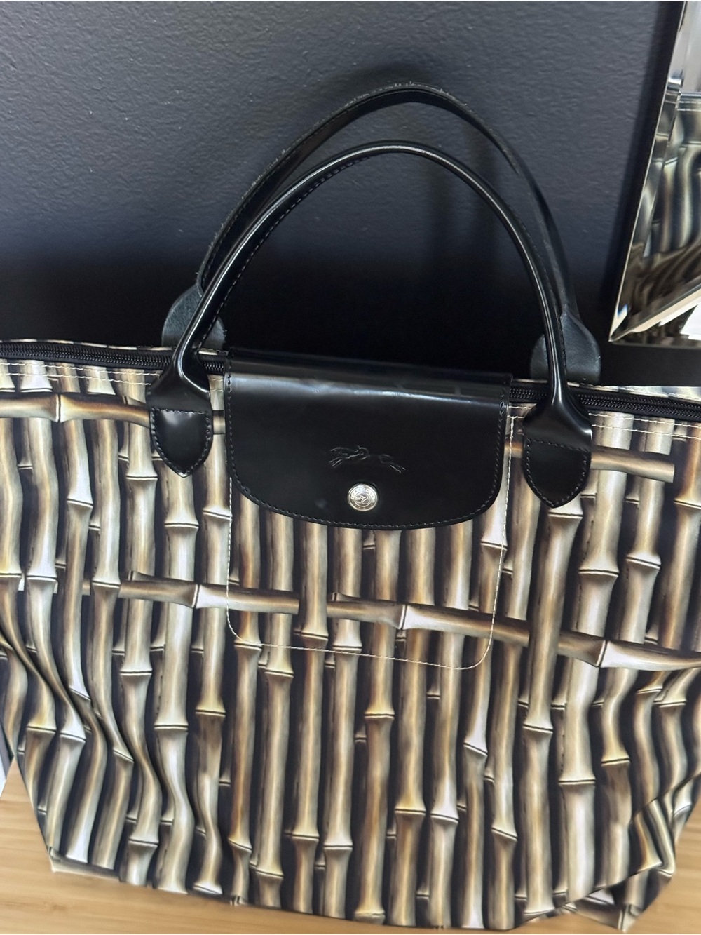 Longchamp Bamboo-Pattern Tote with Black Leather Trim